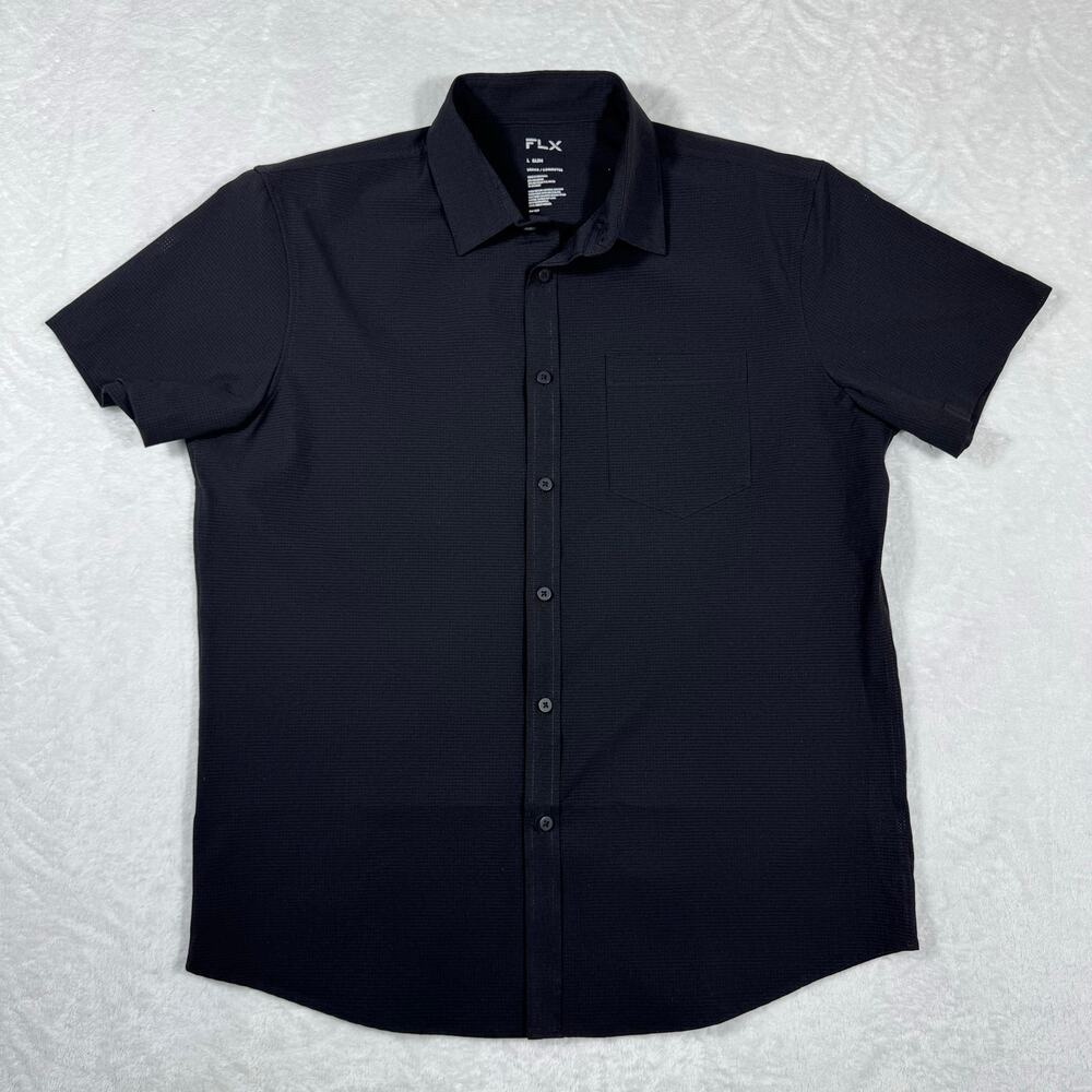 FLX Urban Commuter Men's Large Slim Black Short Sleeve Button Down Shirt